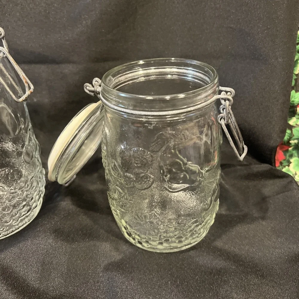 Wheaton 1.5‎ L & 1 L  Jars Canister Fruit Embossed Clear Glass Wire Clasp Seal